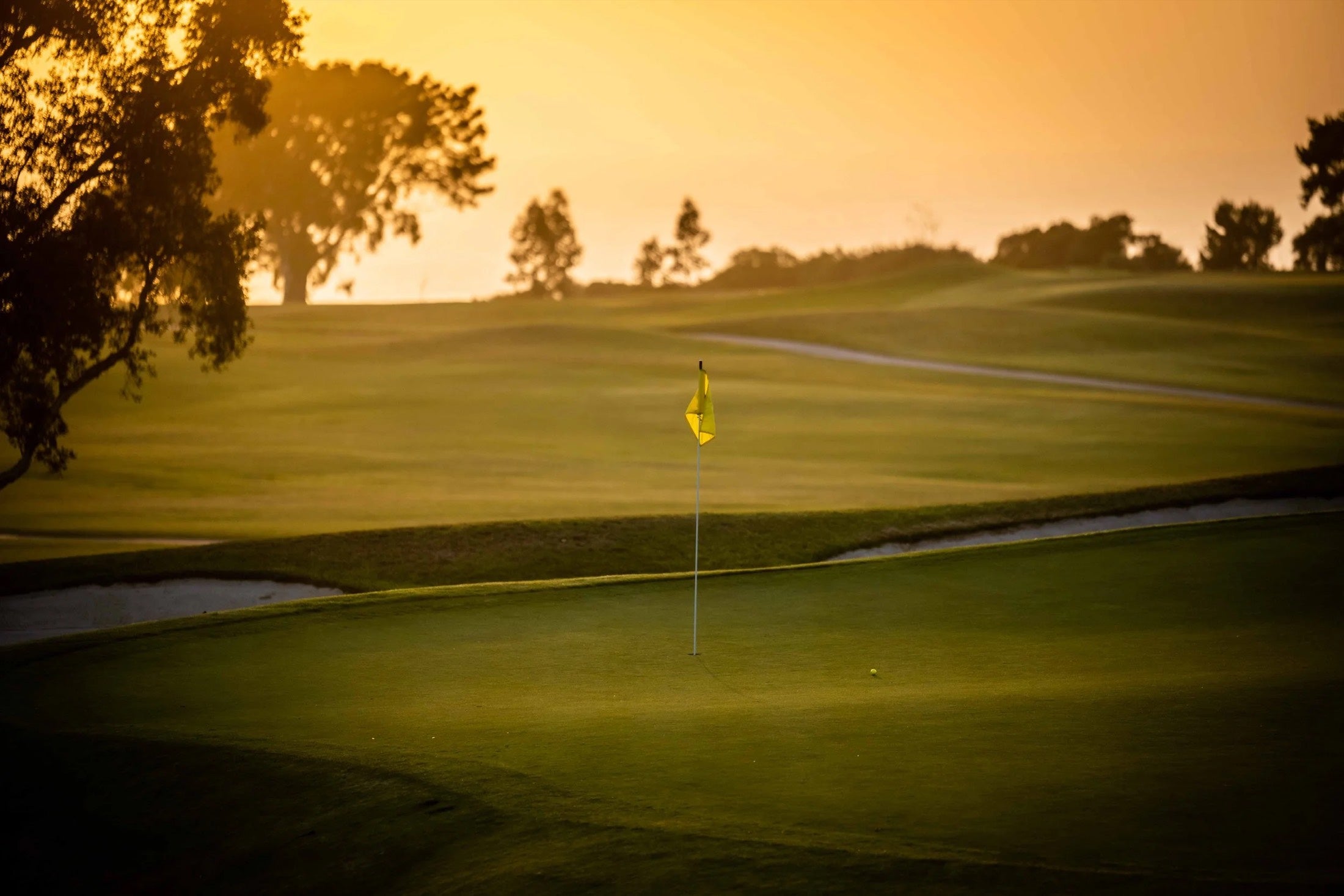 A single flag on a green at golden hour